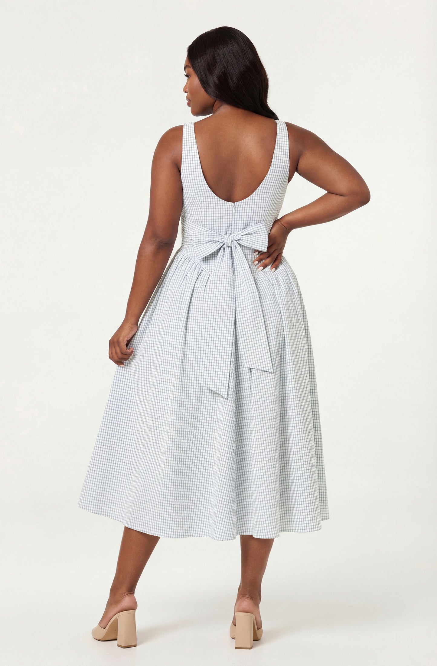 Vinya Plaid Bow-Back Midi Dress