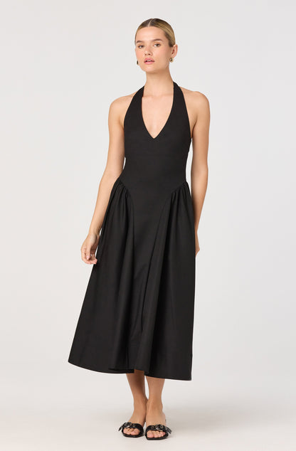Meana Halter Plunge Drop-Waist Midi Dress