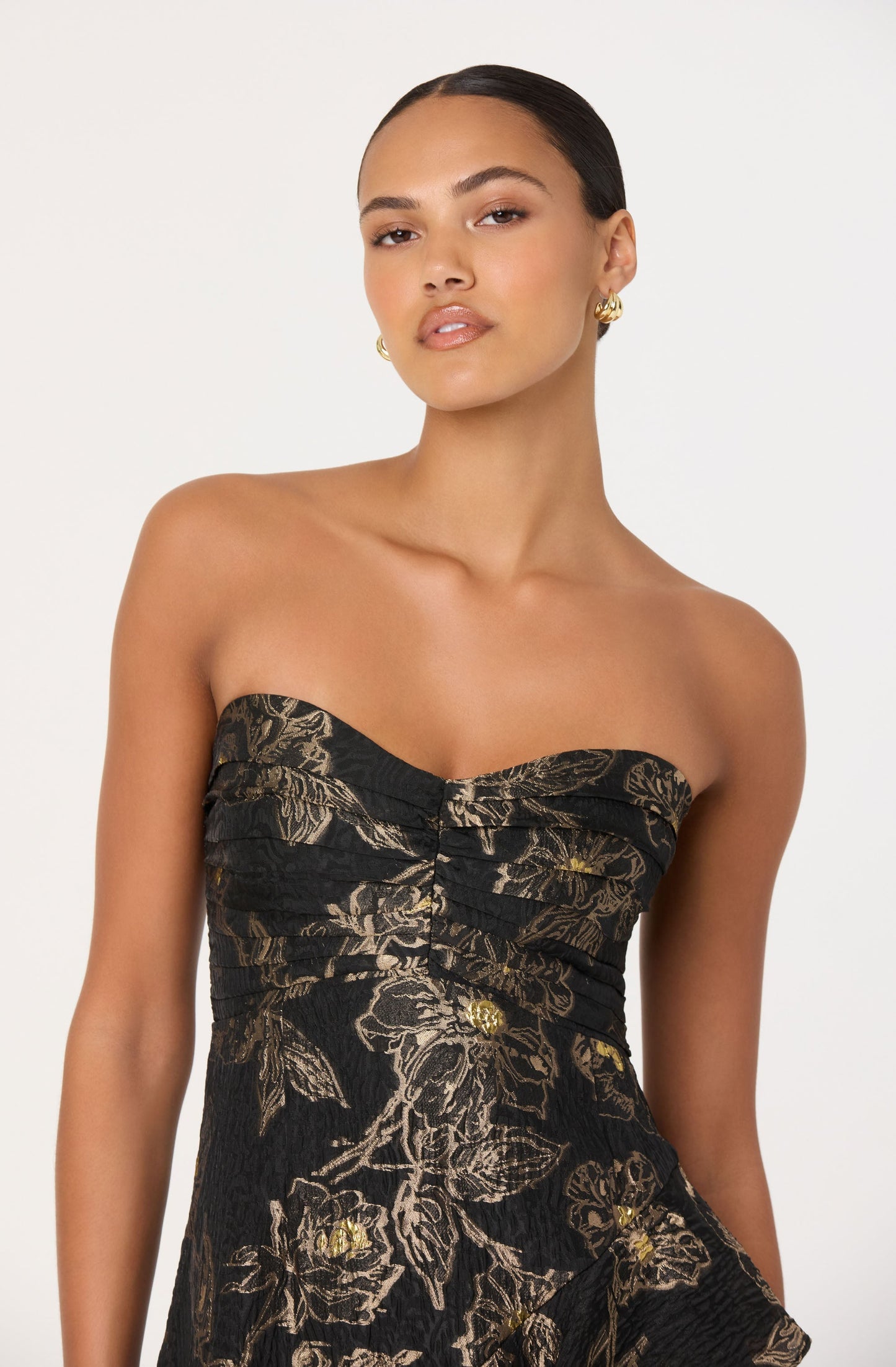 Marysia Strapless Metallic Floral Midi Dress
