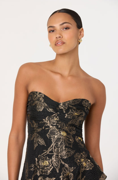 Marysia Strapless Metallic Floral Midi Dress