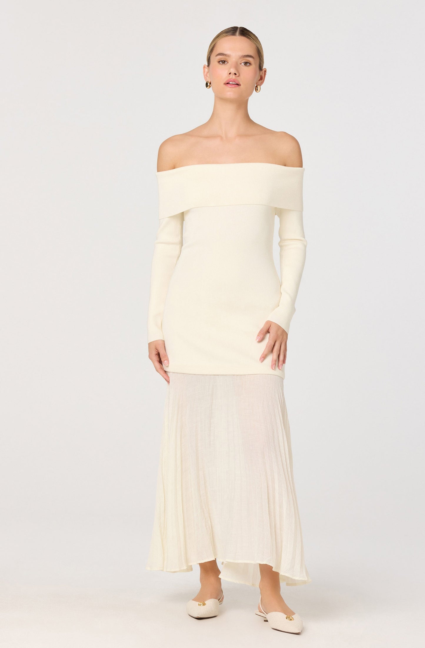 Lidia Off-Shoulder Pleated Midi Dress