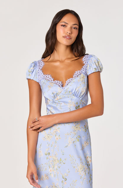 Makaela Puff Sleeve Floral Satin Midi Dress