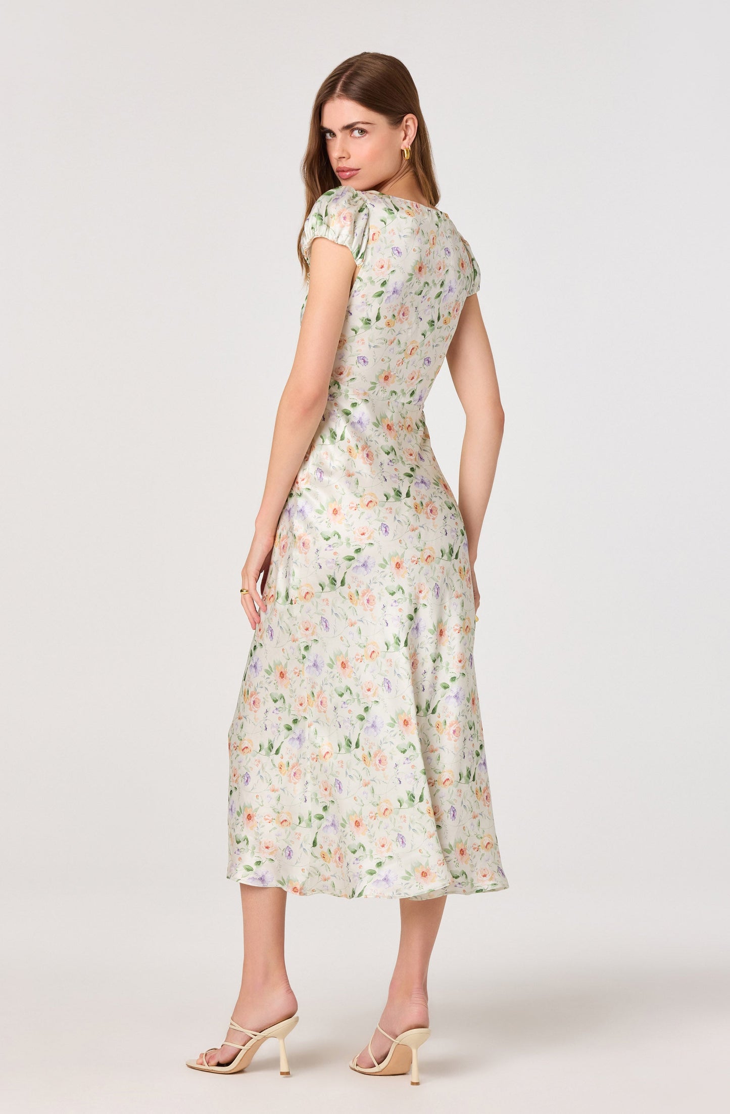 Makaela Puff Sleeve Floral Satin Midi Dress