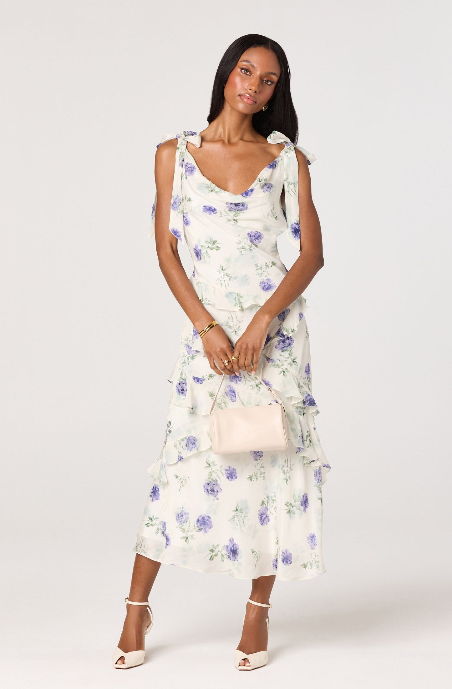 Fen Floral Tie-Strap Ruffle Midi Dress