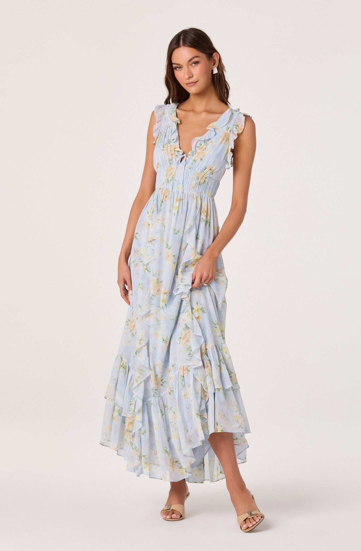 Kindra Ruffle Deep-V Maxi Dress