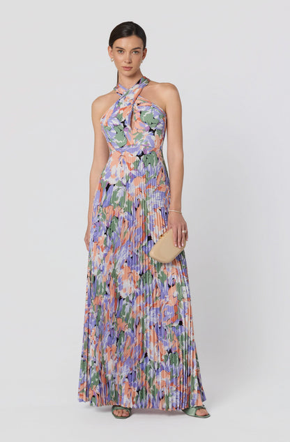 Samantha Floral Halter Pleated Gown