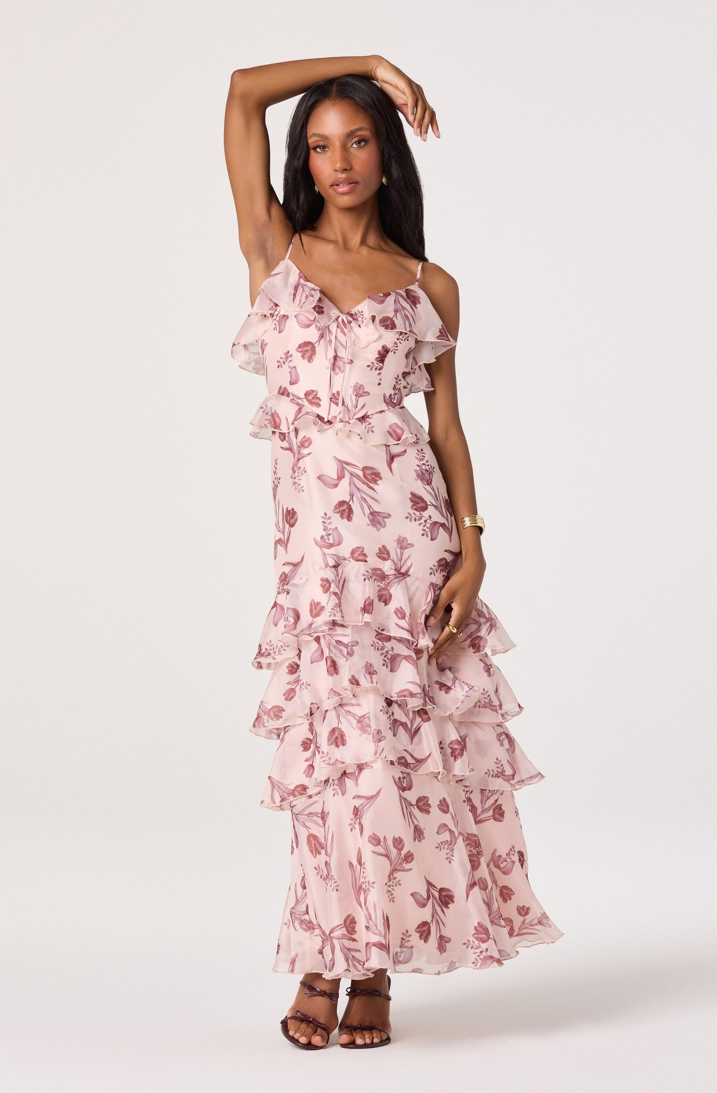 Emiliana V-Neck Ruffle Satin Maxi Dress