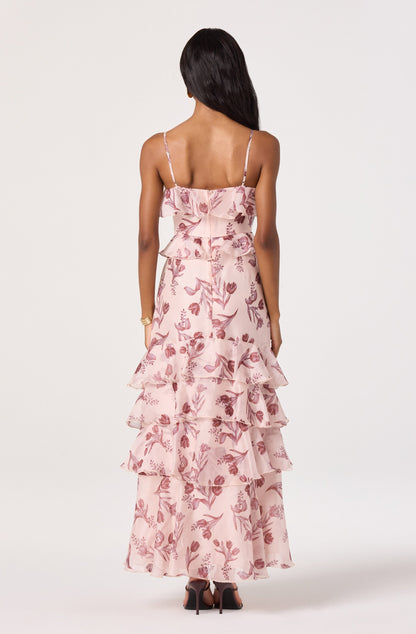 Emiliana V-Neck Ruffle Satin Maxi Dress