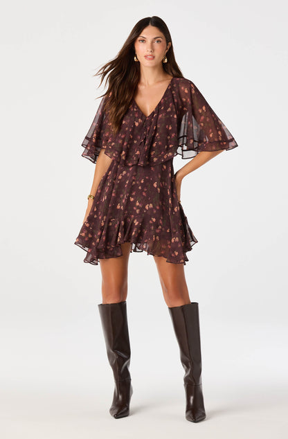 Lilah Floral Cape-Sleeve Mini Dress