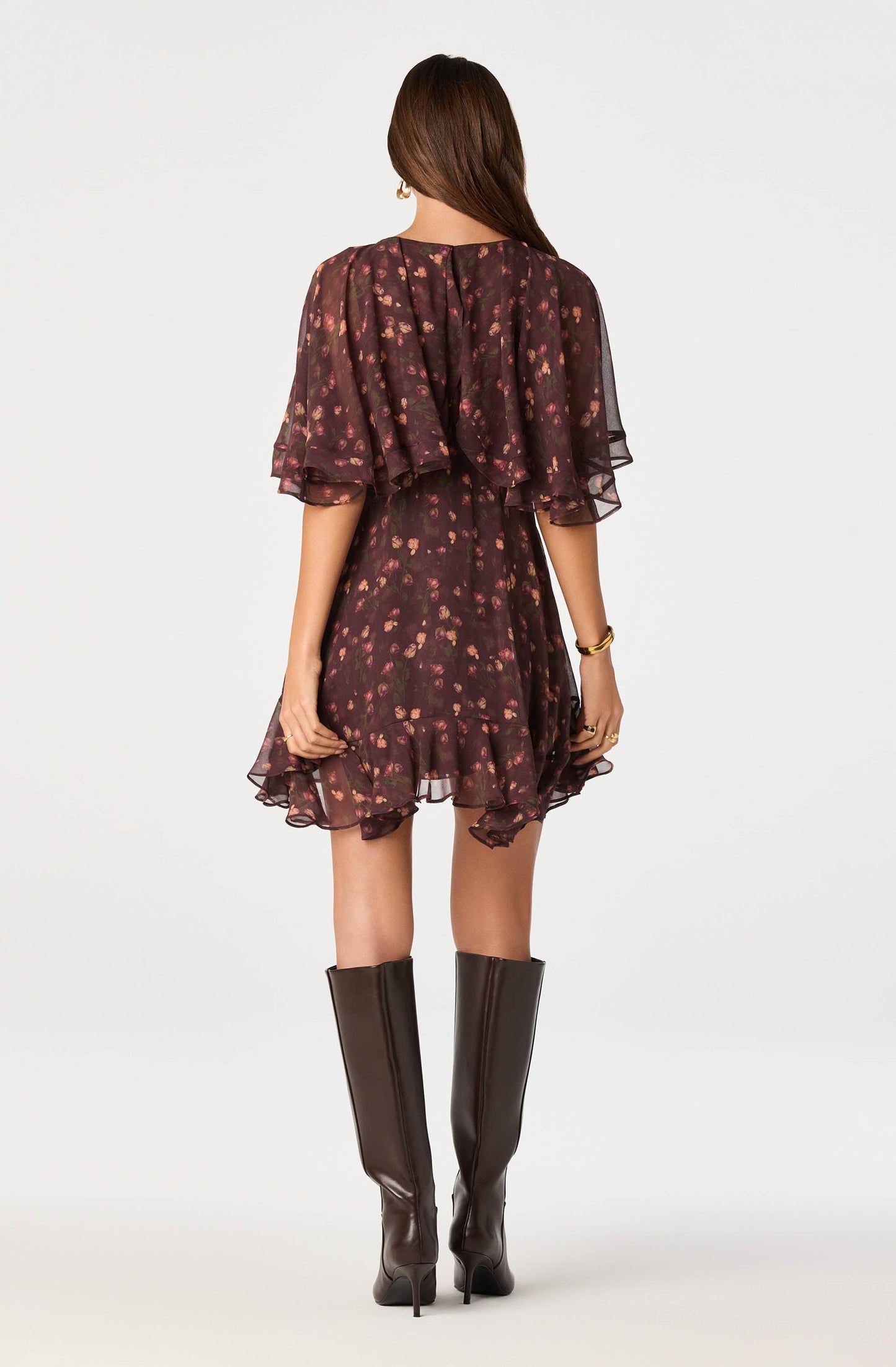 Lilah Floral Cape-Sleeve Mini Dress
