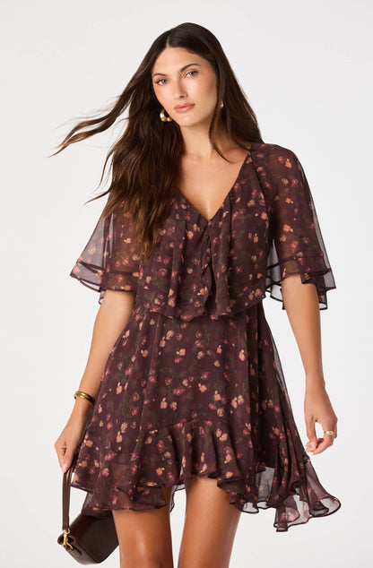 Lilah Floral Cape-Sleeve Mini Dress