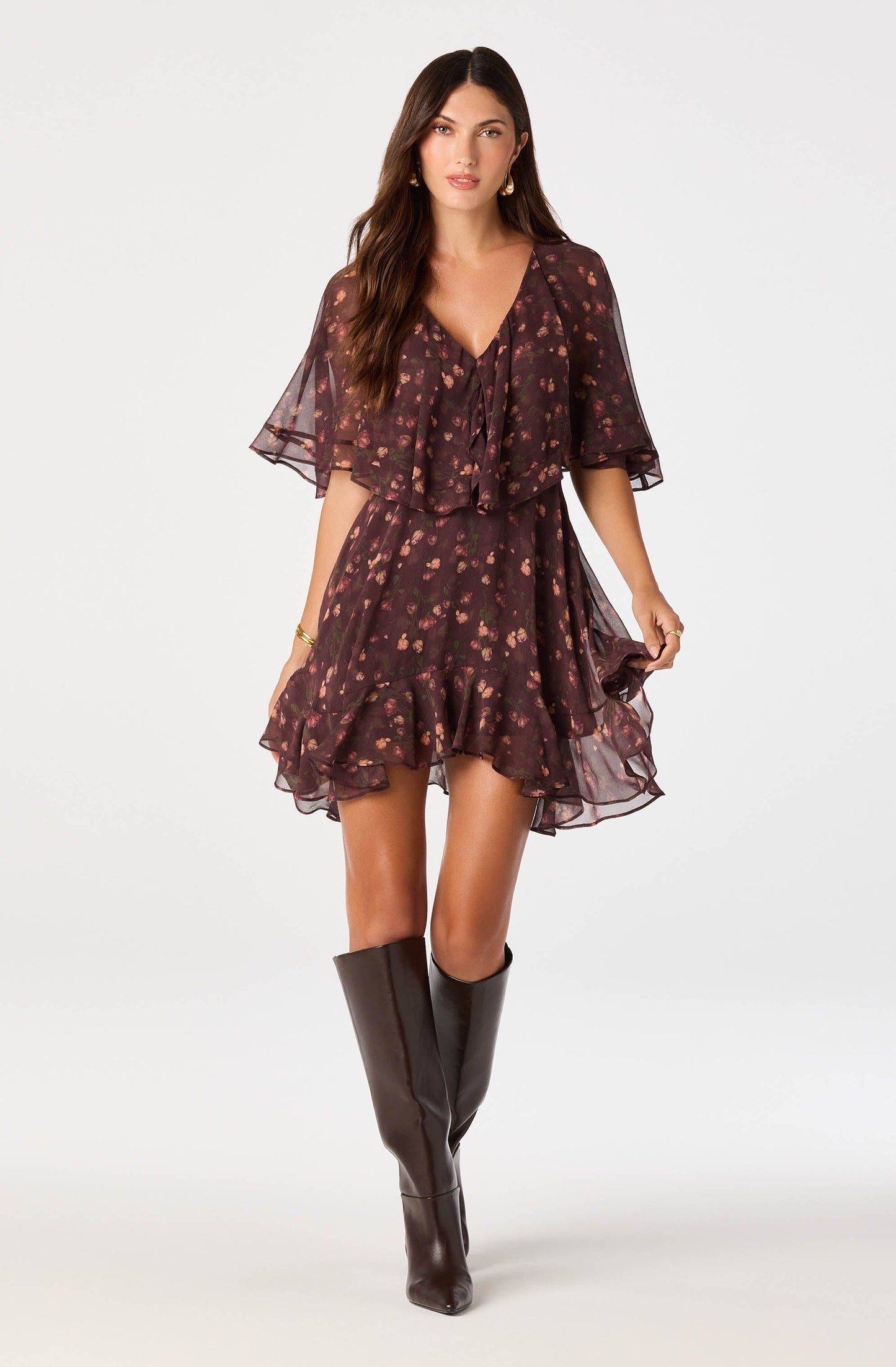 Lilah Floral Cape-Sleeve Mini Dress