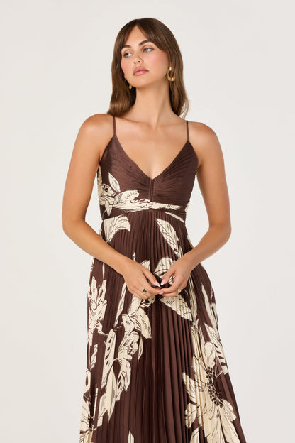 Clea Pleated Satin V-Neck Maxi Dress