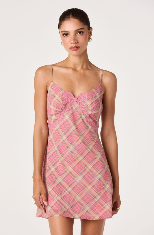 Kirsten Plaid Lace Trim Mini Dress