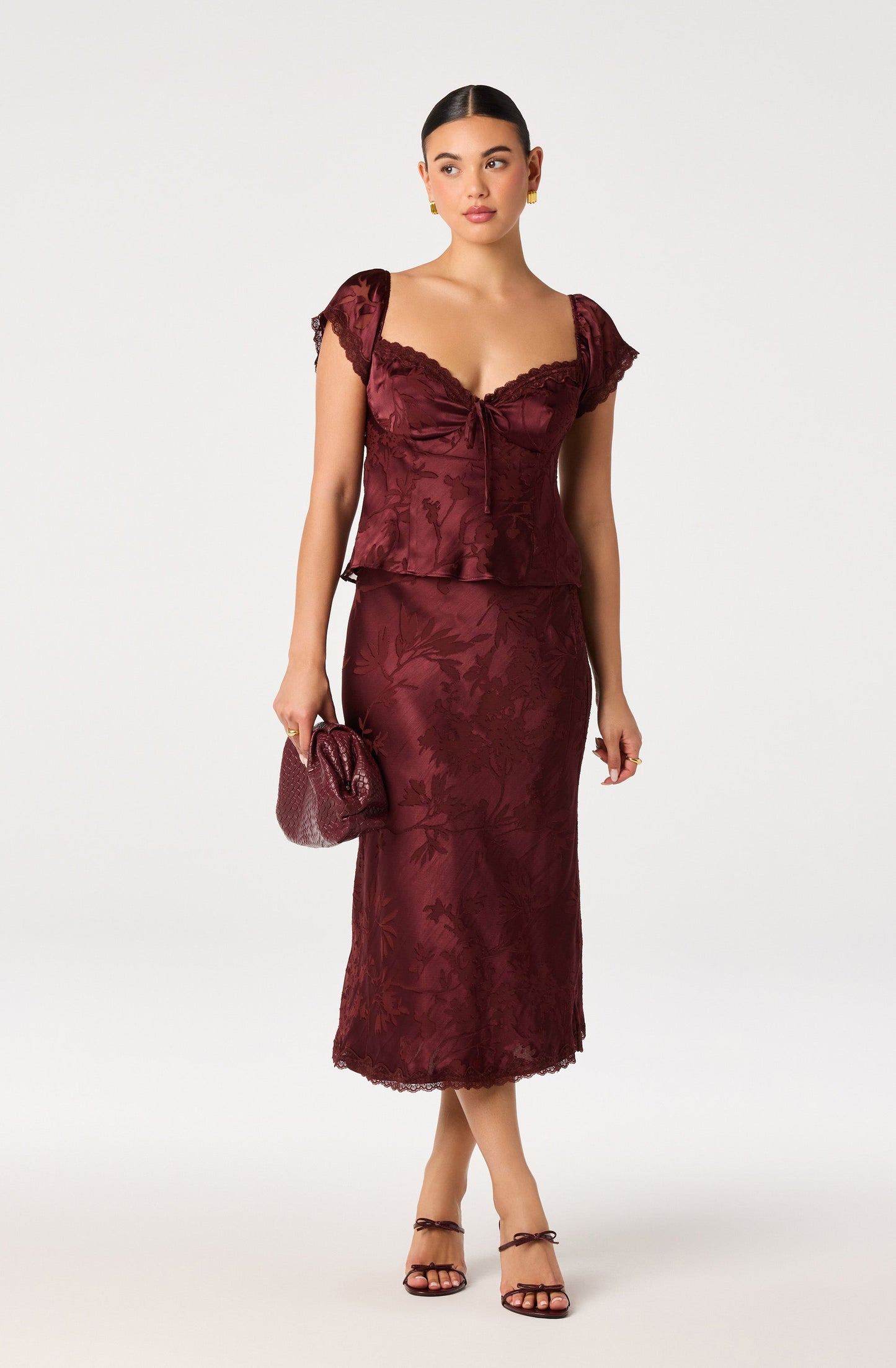Windey Floral Burnout Satin Midi Skirt