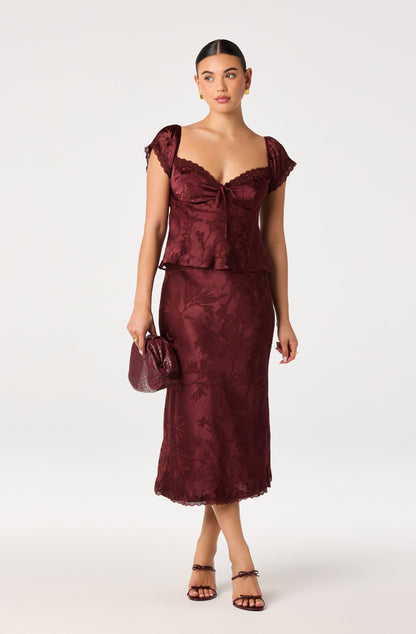Windey Floral Burnout Satin Midi Skirt