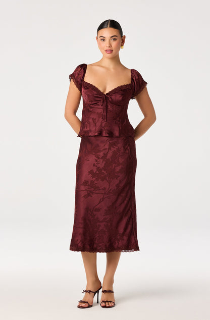 Windey Floral Burnout Satin Midi Skirt