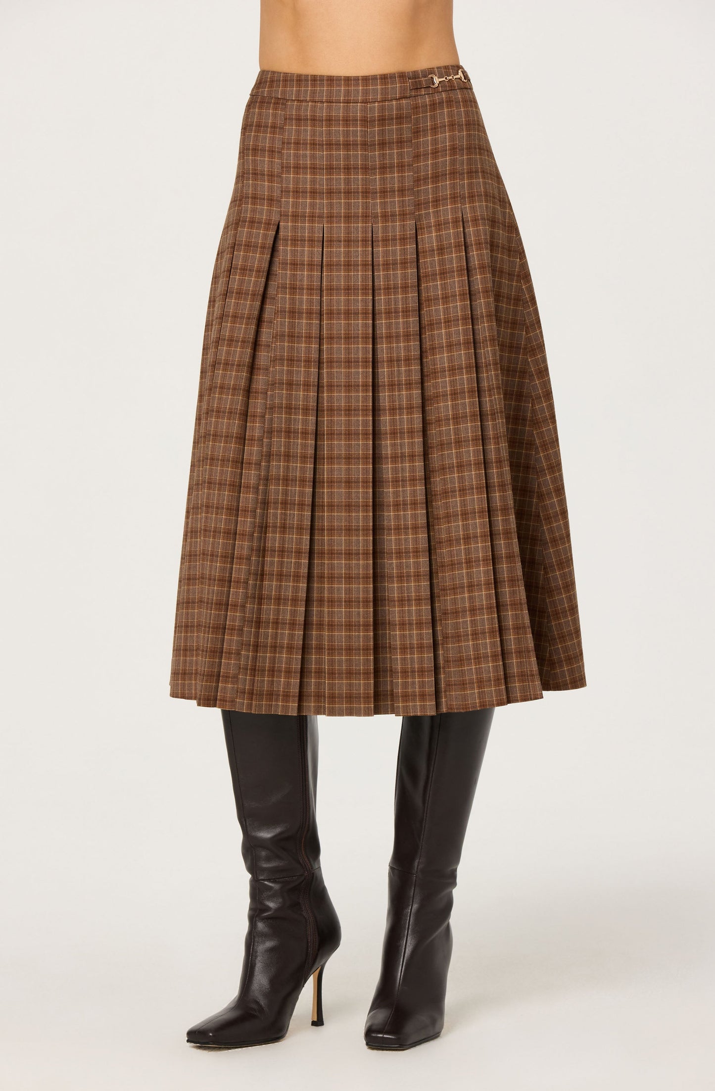 Vena Pleated Plaid Midi Skirt