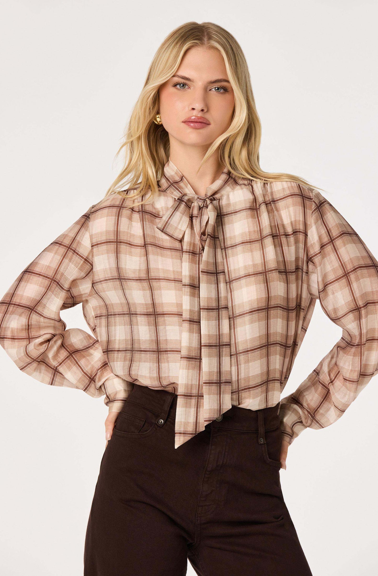 Mabry Plaid Tie-Neck Blouse
