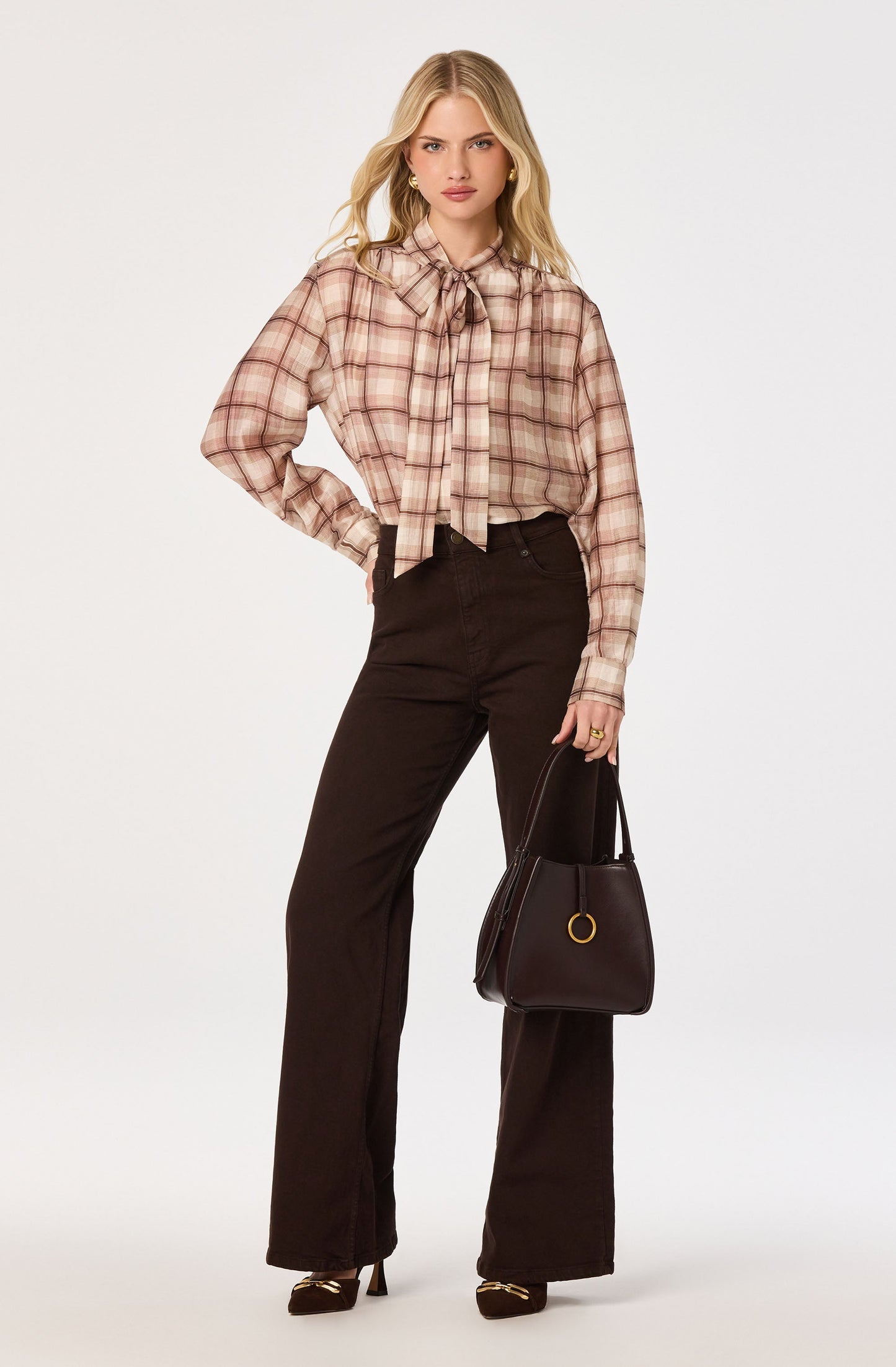 Mabry Plaid Tie-Neck Blouse