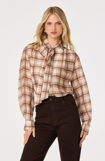 Mabry Plaid Tie-Neck Blouse