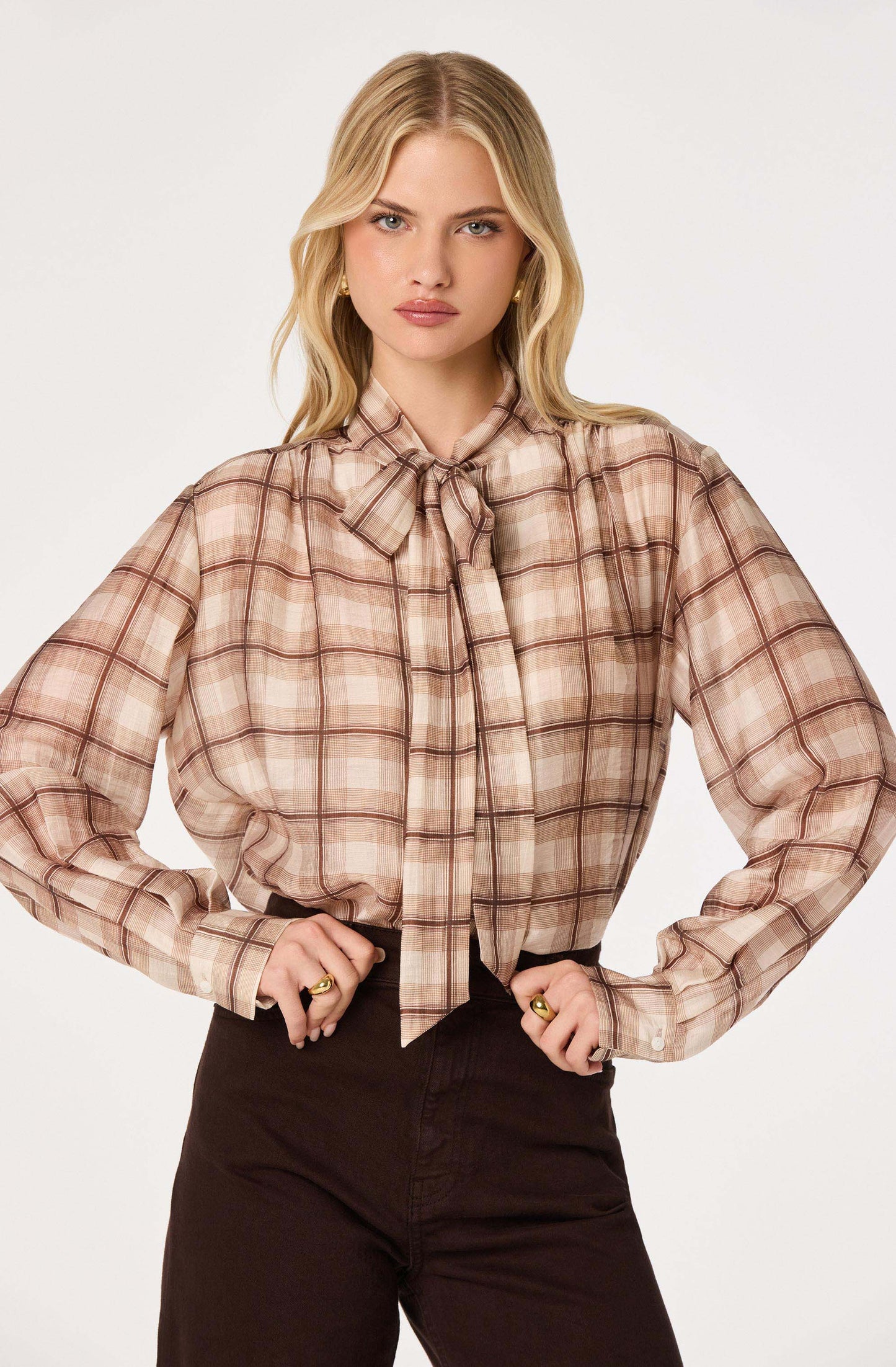 Mabry Plaid Tie-Neck Blouse