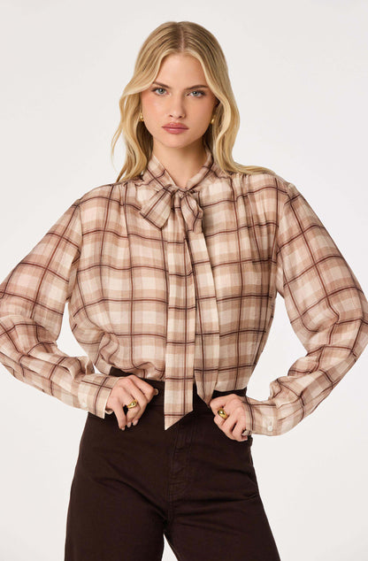 Mabry Plaid Tie-Neck Blouse