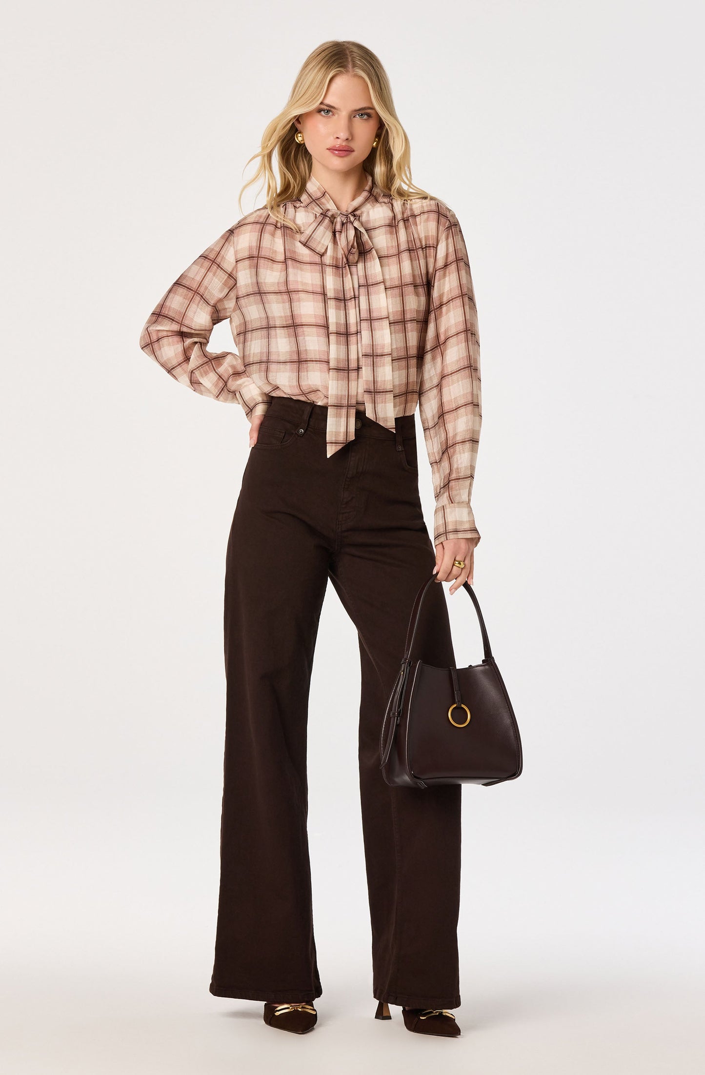 Mabry Plaid Tie-Neck Blouse