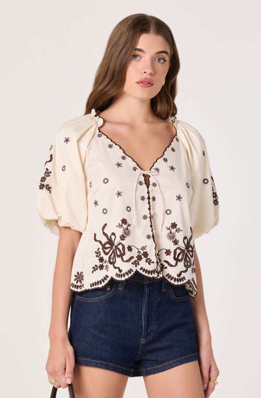 Lucia Embroidered Puff Sleeve Blouse