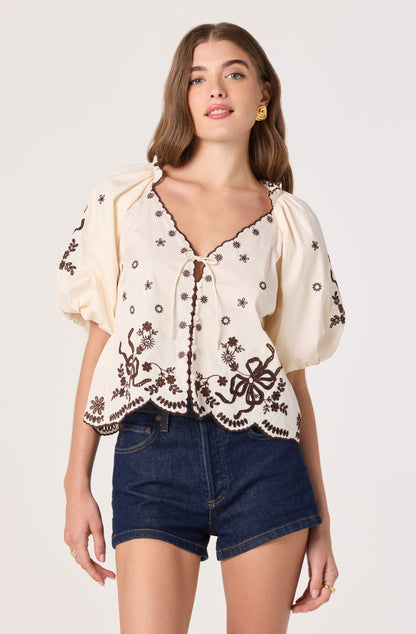 Lucia Embroidered Puff Sleeve Blouse
