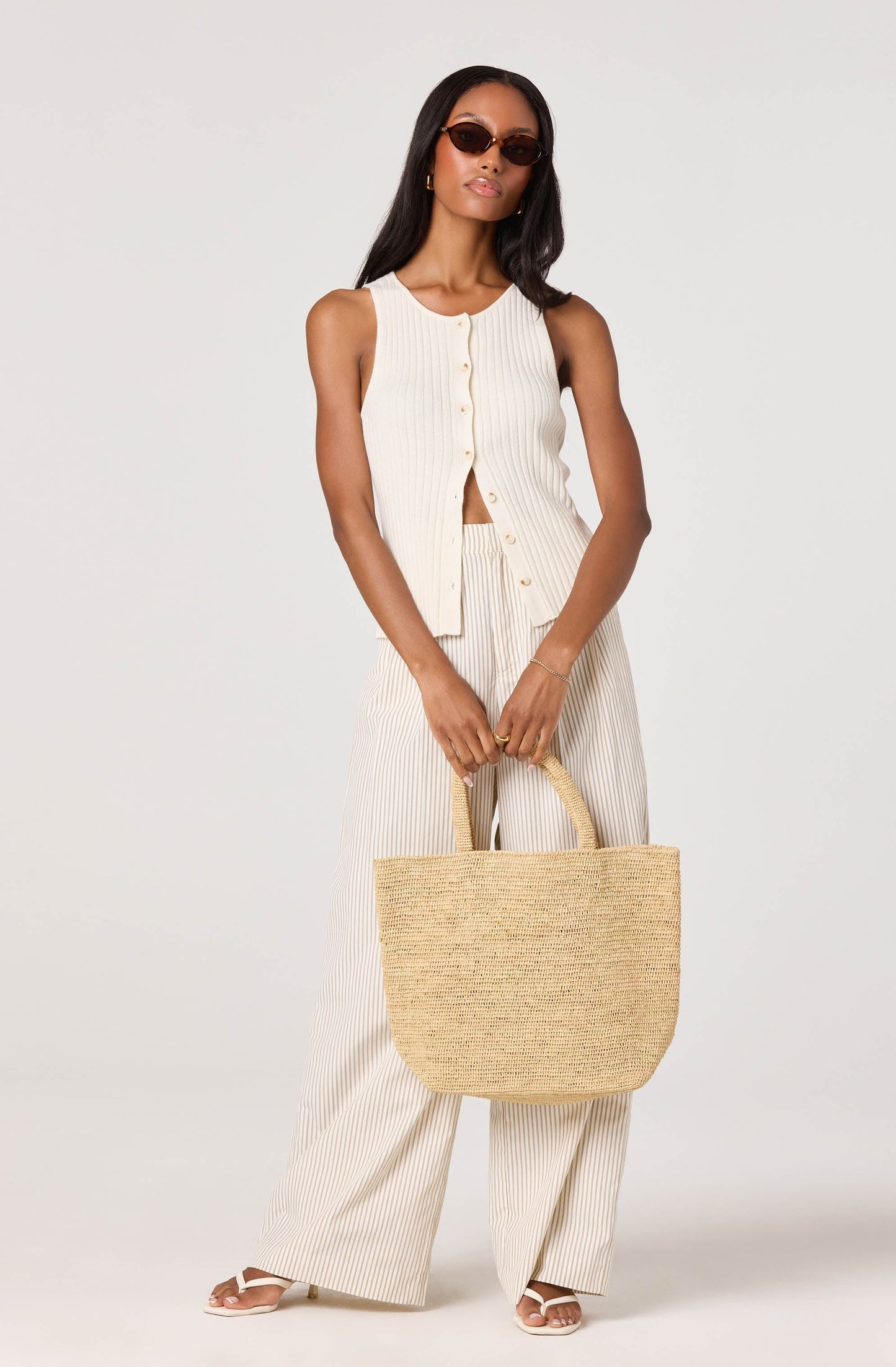 Mamie Ribbed Knit Button-Front Top