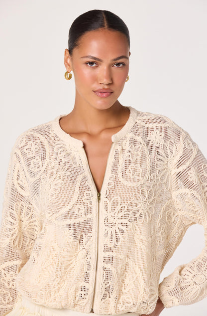 Aeva Embroidered Crochet Bomber Jacket