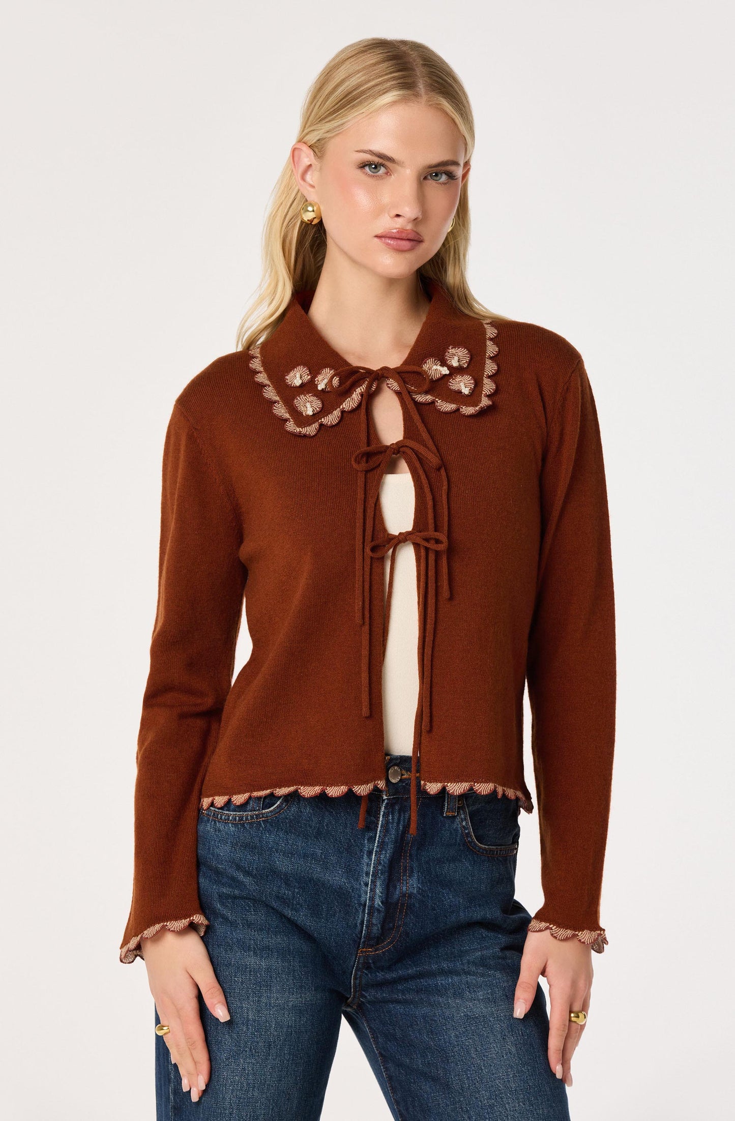Keana Beaded Scallop-Trim Cardigan