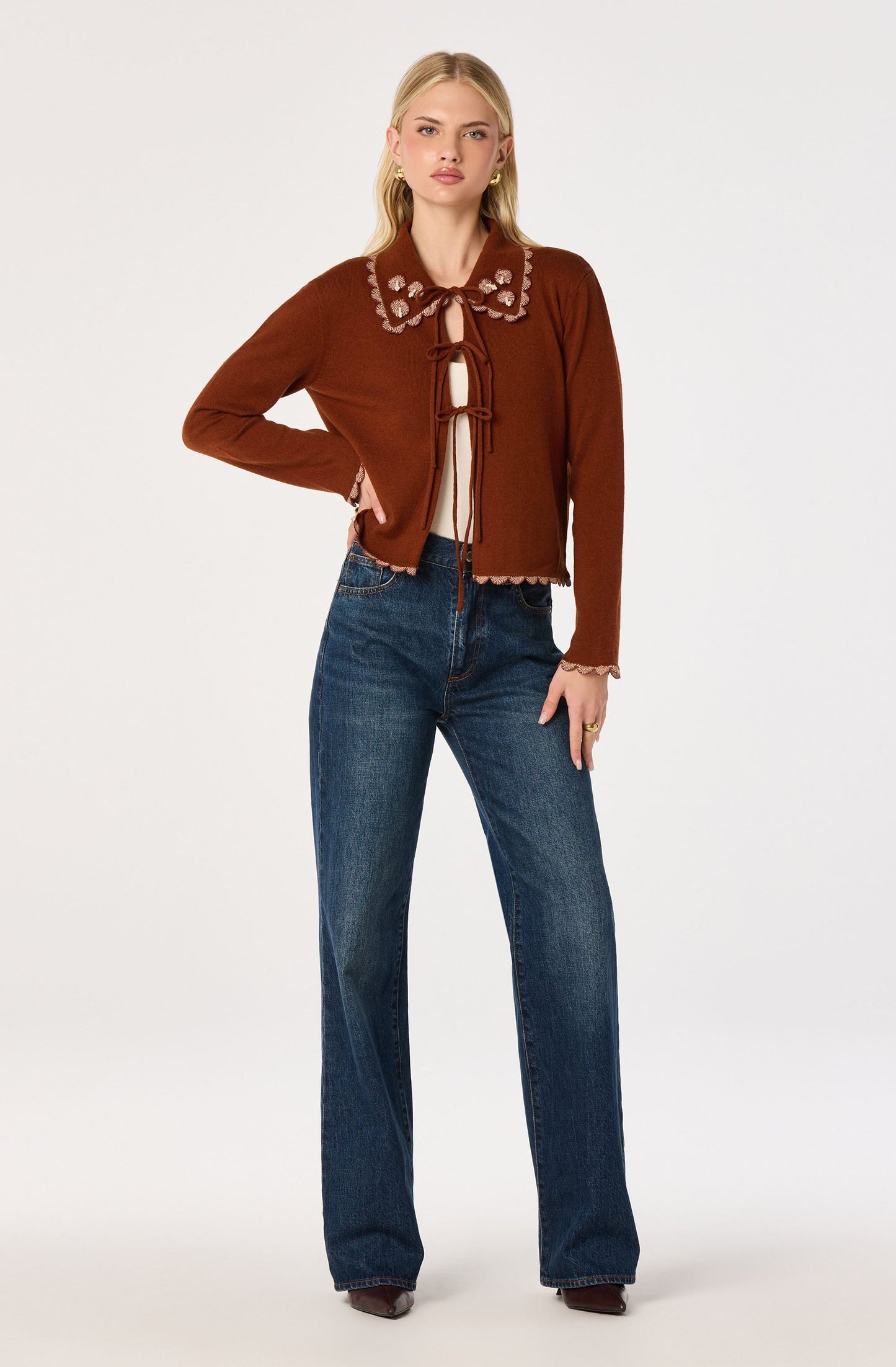 Keana Beaded Scallop-Trim Cardigan
