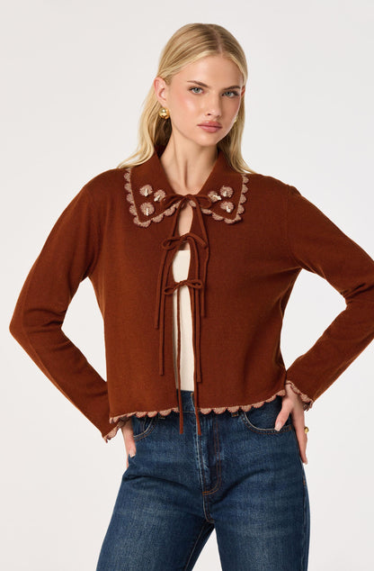 Keana Beaded Scallop-Trim Cardigan