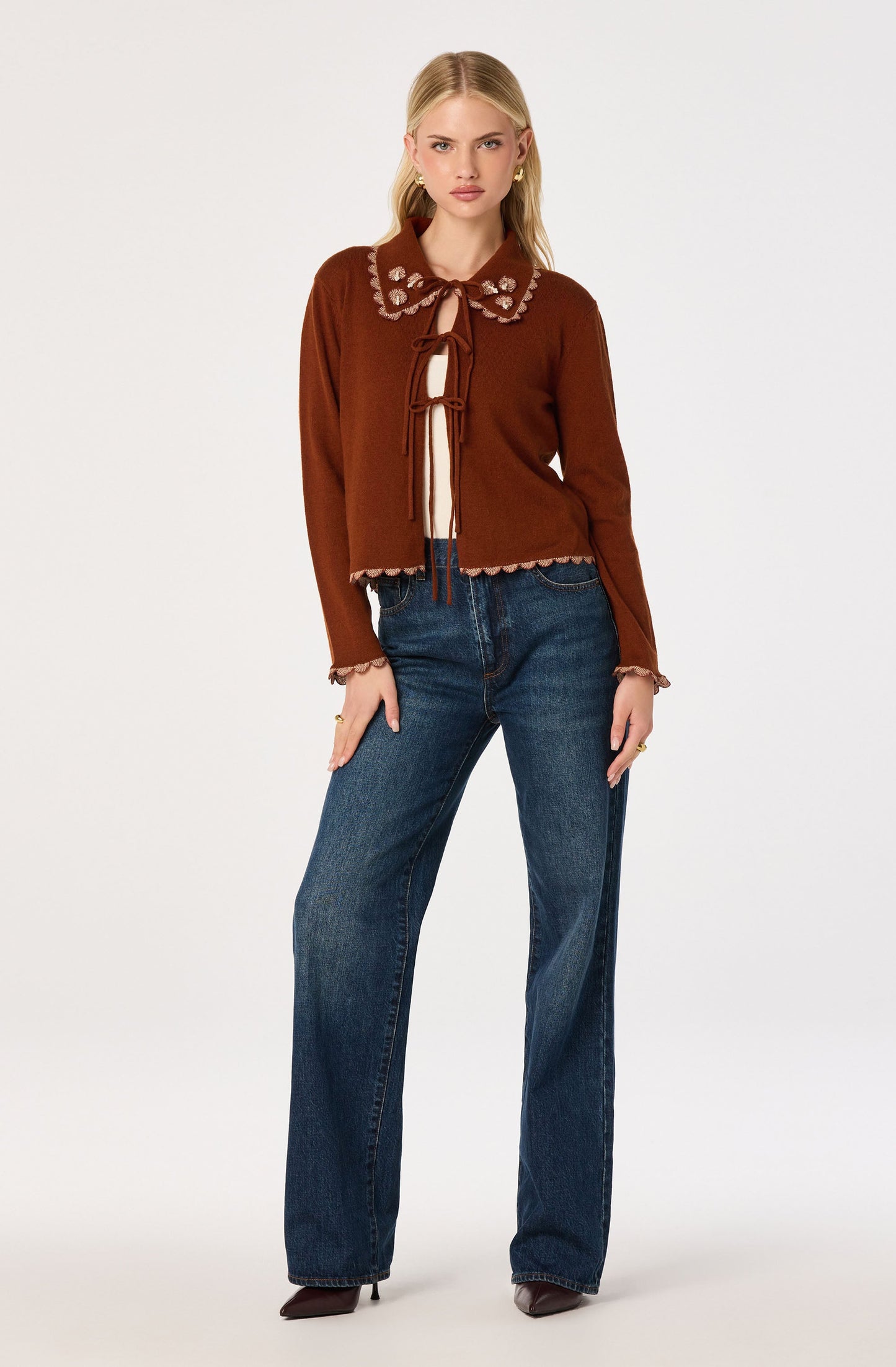 Keana Beaded Scallop-Trim Cardigan