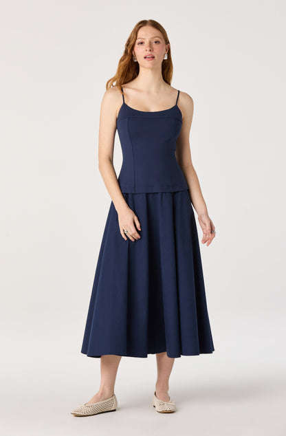 Cierra Mixed Media Drop Waist Midi Dress
