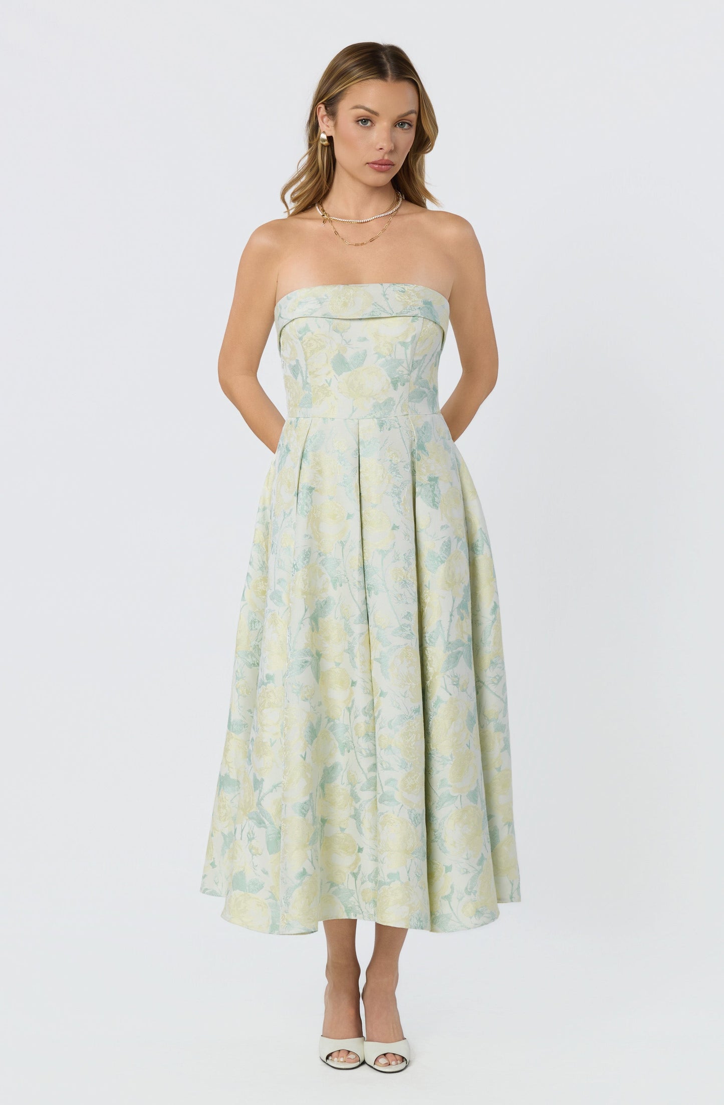 Destini Floral Jacquard Strapless Midi Dress