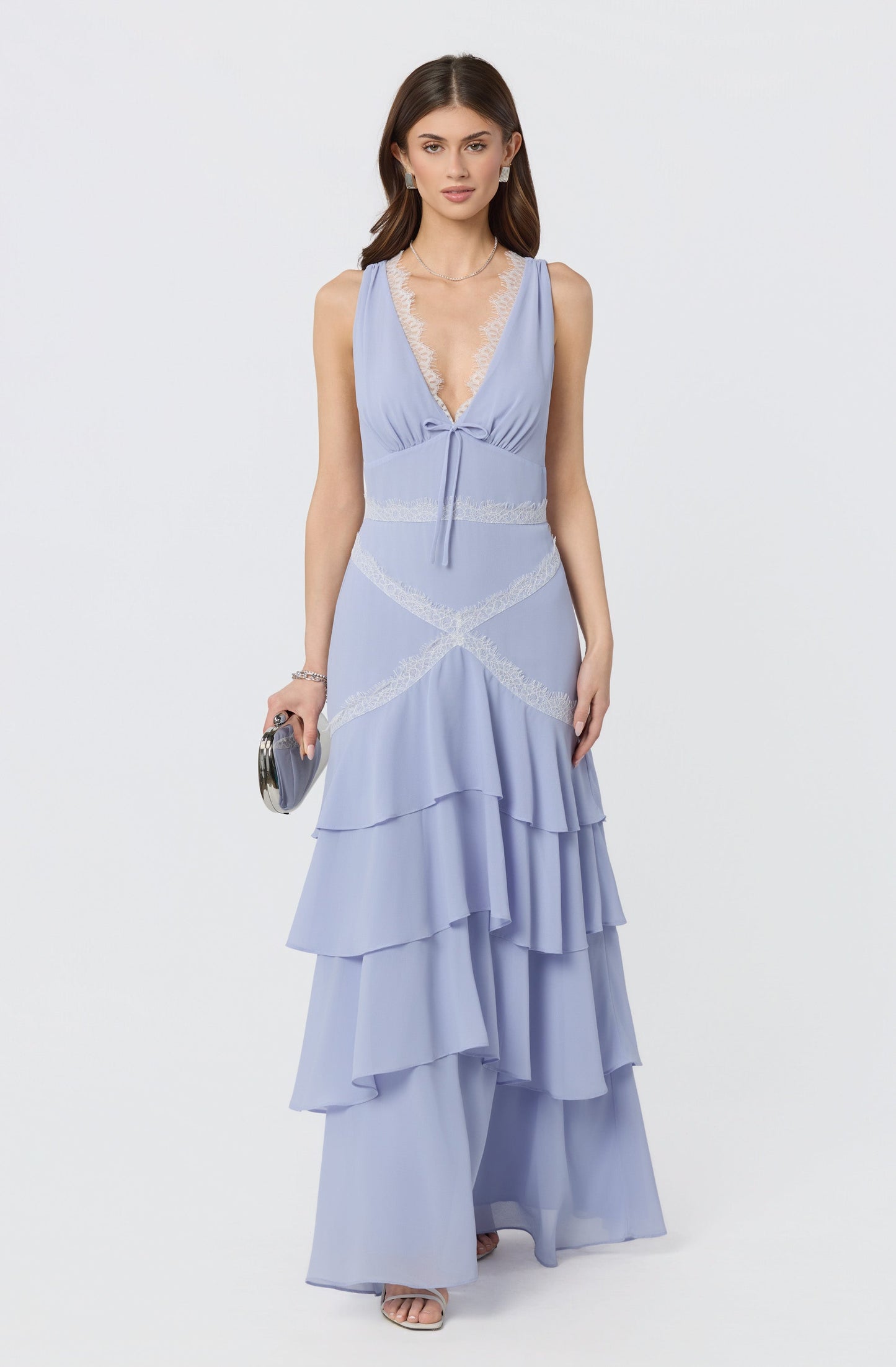 Evelyn Lace Trim Tiered Ruffle Maxi Dress