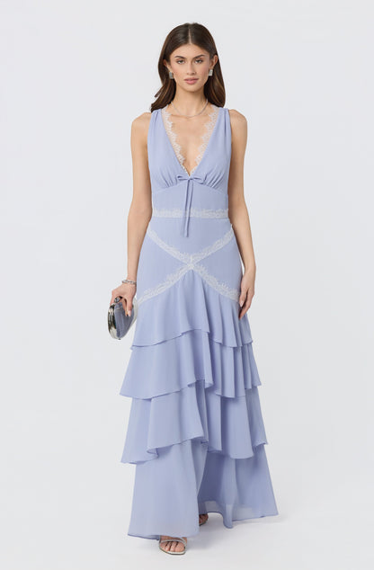 Evelyn Lace Trim Tiered Ruffle Maxi Dress