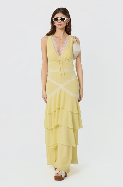 Evelyn Lace Trim Tiered Ruffle Maxi Dress