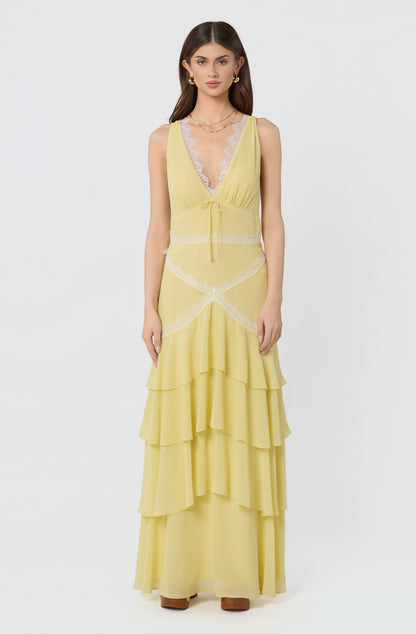 Evelyn Lace Trim Tiered Ruffle Maxi Dress
