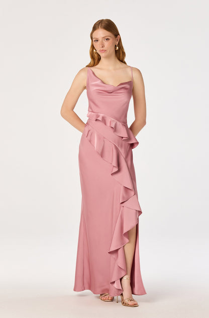 Adelina Satin Ruffle Maxi Dress