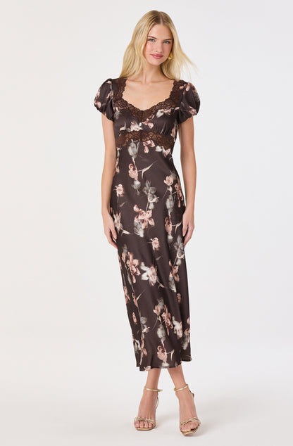 Almandina Puff Sleeve Satin Midi Dress