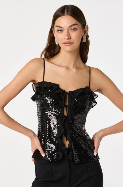 Sequin Ruffle Trim Tie Top