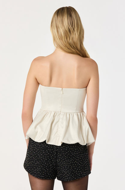 Satin Strapless Plunge Peplum Top
