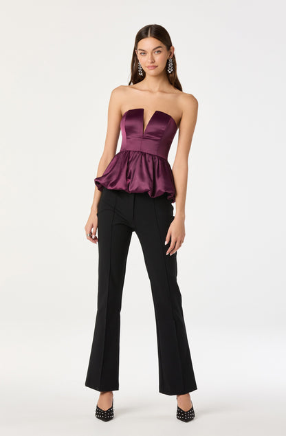 Satin Strapless Plunge Peplum Top