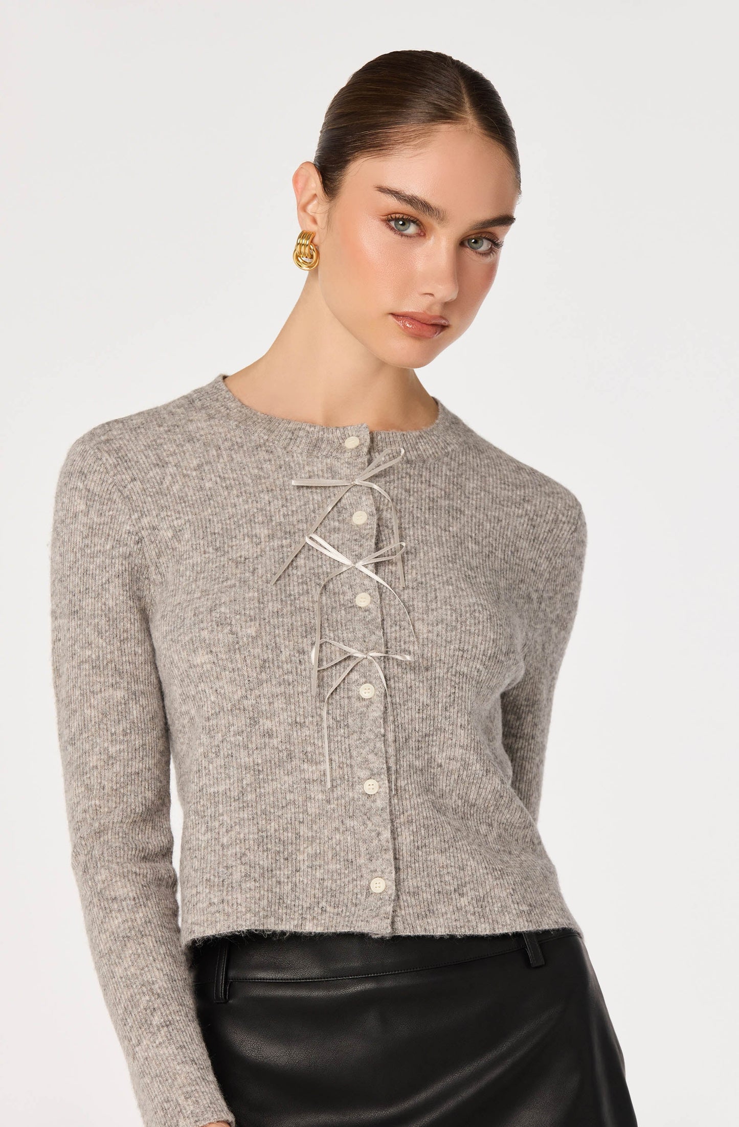 Ribbed Bow Adorned Cardigan