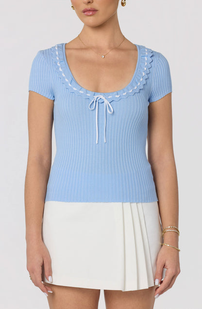 Lina Ruffle Trim Ribbed Sweater Top