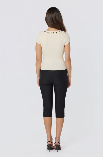 Lina Ruffle Trim Ribbed Sweater Top